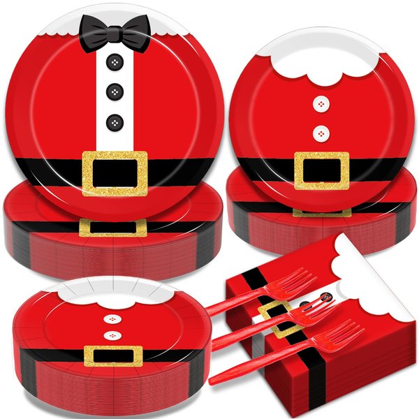Kepeel 200Pcs Santa Claus Christmas Party Plates and Napkins Sets, Santa Claus Suit Party Supplies Decorations Winter Holiday Xmas Party Dinnerware for Kids Birthday Baby Shower Home Decor, Serves 50