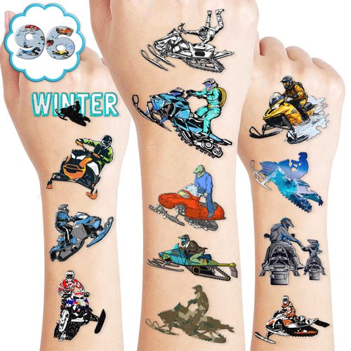 100 PCS Snowmobile Temporary Tattoos Stickers Birthday Party Decorations Favors Supplies Winter Snow Skiing Snowmobile Wheels Sports Girls Boys Classroom School Prizes Reward