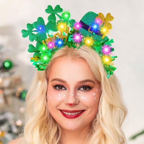 Sixexey Light Up St. Patrick’s Day Headband LED Shamrock Clover Hair Band Saint Patrick’s Day Hat Headbands Green Lucky Irish Holiday Parade Hair Accessories for Women
