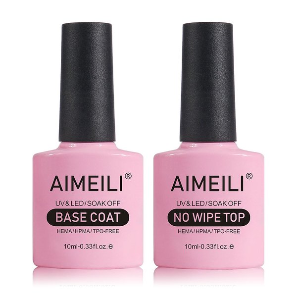 AIMEILI Gel Nail Polish Hema Free No Wipe Top and Base Coat Set, Cruelty Free, Vegan, Shine Finish and Long Lasting, Soak Off Gel Nail Lacquer - 2 x 10ml