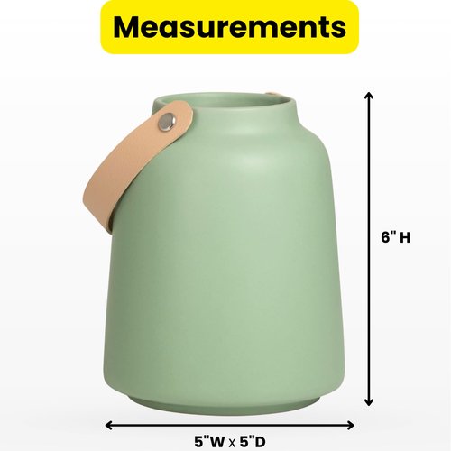 Torre & Tagus Lido Sage Green Cylinder Vase with Handle in Faux Leather - 6" Tall Flower Vase for Centerpiece, Ceramic Round Vase for Home Decor or Wedding Table Decor (Sage Green Vase 5" Dx6 H)