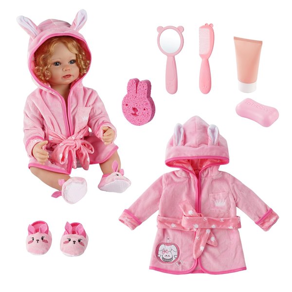 7 PCS Reborn Baby Doll Bathrobe Rabbit Pattern with Slippers and Bath Playset for 17-22 Inch Baby Doll Accessories with Mirror, Comb, Soap, and Bath Sponge, Pink