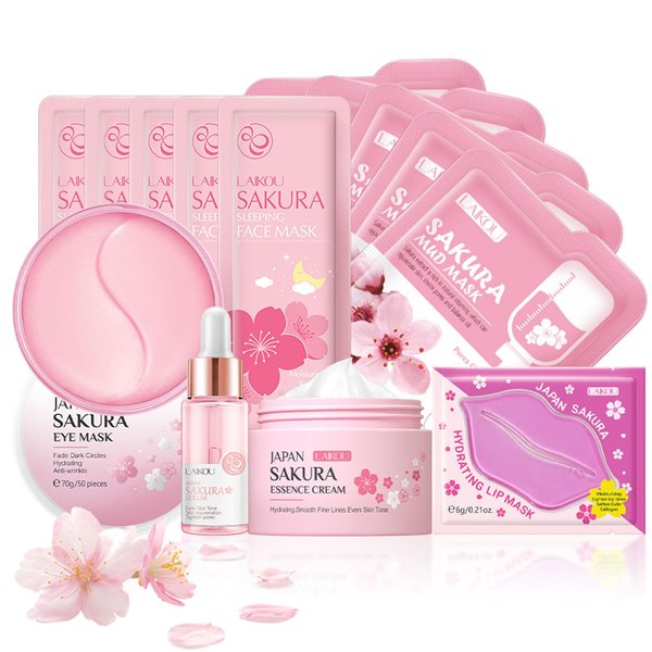 Sakura Skin Care Set Facial Kit, Cherry Blossom Skin Care For Teens, Complete Skin Care Gift Set Cream, Serum, Eye Mask, Lip Mask, 5 Sleeping Mask, 5 Mud Mask, Hydrating Skincare Kit For Teen Girls