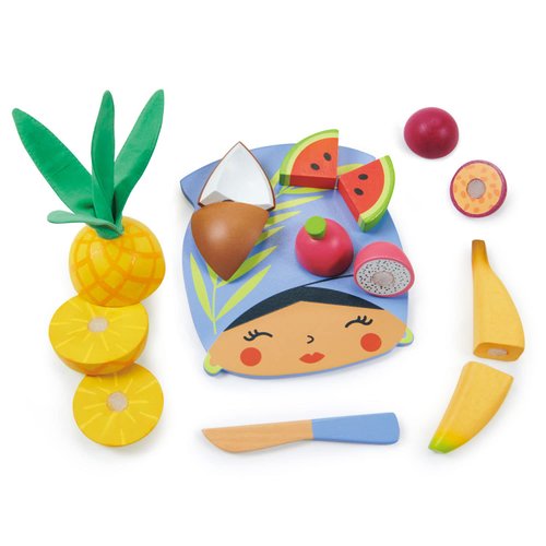 Tender Leaf Toys - Tropical Fruit Chopping Board - Wooden Play Food Set with 6 Choppable Fruits, Wood Knife and Illustrated Board - Improves Fine Motor Skills - Age 2+