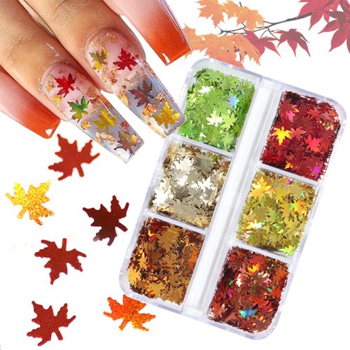 Maple Leaf Nail Art Glitters Fall Nail Sequins 3D Holographic Fall Nail Art Flakes 6 Grids Autumn Nail Glitter Sequins Laser Maple Leaves Nail Flakes for Women DIY Thanksgiving Nails Decoration Makeup