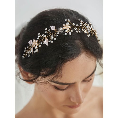 SWEETV Bridal Headband Wedding Headpiece for Bride Hair Accessories for Wedding Hair Pieces Crystal Pearl Hair Vine Gold
