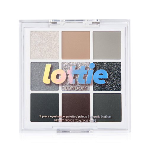 Lottie London Lottie Palette in Soft Grunge, 9 shade compact eyeshadow palette in metallic grey and silver shades in a mix of creamy mattes and sparkling shimmers