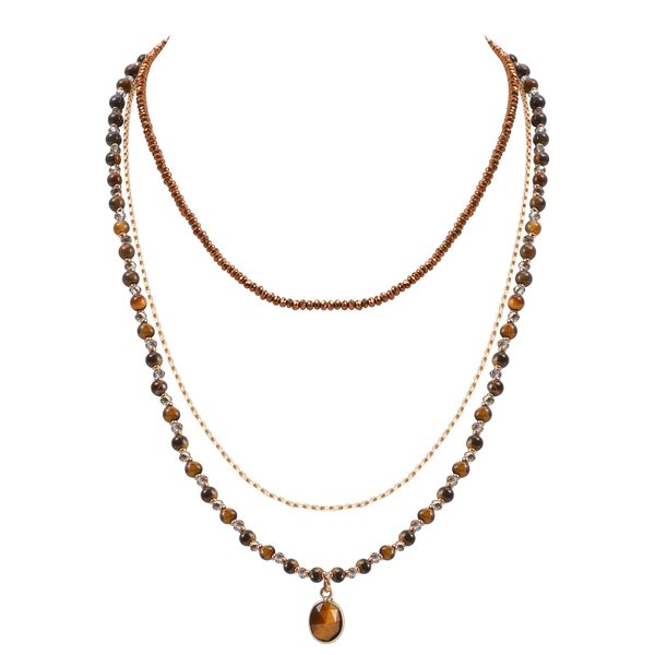 Bohemian Beaded Choker Necklaces for Women Handmade Multilayered Hippie Necklaces Boho Natural Stone Tiger Eye Beads Strand Vintage Opal Stone Pendant Statement Necklace Jewelry Gift for Girls, Brown