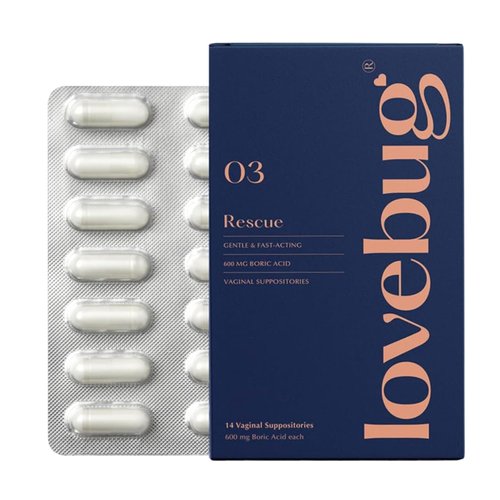 LoveBug Women's Health Rescue Vaginal Boric Acid Suppositories for Women - Fast Acting Suppository for Odor, Discharge, Yeast, and pH Balance with Coconut Oil, Hyaluronic Acid & Vitamin E, 14 ct