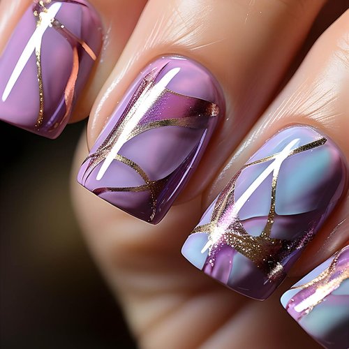 RTKHFZE Press on Nails Medium Square Fake Nails Blue Purple Gradient Press On False Nails with Designs Glossy Swirl Acrylic Press on Nails for Women Girls Glue on Nails Stick on Nails