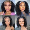 LEOSA Afro Kinky Headband Wig Short Afro Kinky Curly Wigs for Black Women Synthetic Deep Wave Glueless Wigs with Headband Attached Black Curly Headband Wig Half Wigs for Black Women Scarf Wig