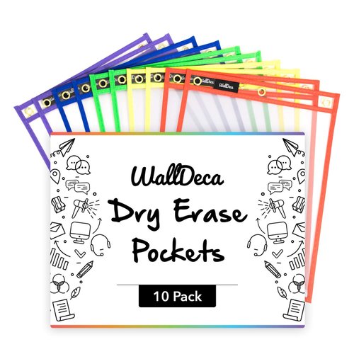 WallDeca Dry Erase Pocket Sleeves Assorted Colors, 8.5" x 11", Plastic Paper Holder Pack, Reusable Dry Erase Sleeves, Paper Pocket Folders Plastic, Plastic Sleeves for Clasroom 5 Colors (10-Pack)