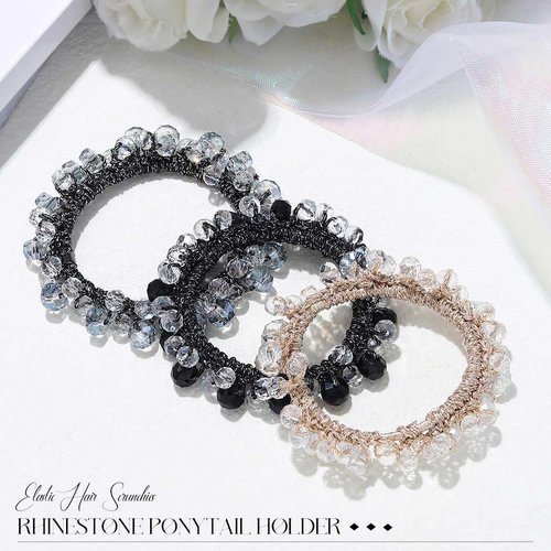 CAKURE Rhinestone Bead Hair Ties Champagne Hair Scrunchies Elastic Ponytail Holder No Damage Hair Rope Ties Hair Accessories for Women and Girls (Pack of 3)