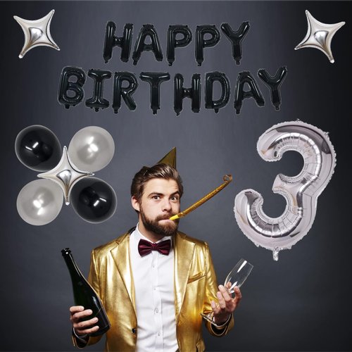 NANINUNENO 19th Black Silver Birthday Party Decorations for Men Women, Happy 19 Birthday Party Supplies with Black Happy Birthday Banner, Silver Foil Stars, Happy Birthday Balloons for 19th Birthday