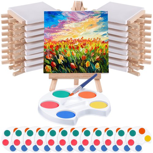 Crtiin Watercolor Paint Sets Mini Paint Set 4x4 Small Painting Canvas with Easel Paints Brush Set Art Party Favors and Watercolor Paint Party Favors for School Classroom Birthday(12 Set)