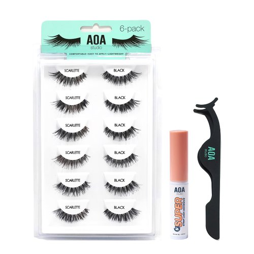 AOA Studio 6 Pairs Scarlette Natural Handmade False Eyelashes with Glue and Tweezer Lash Kit Natu...