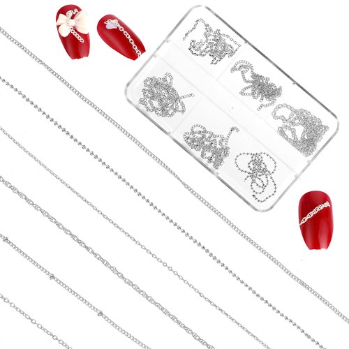6 Strips Chain Nail Charms,Nail Chains 3D Nail Art Charms Silver Chain Accessories Supplies,Metal Punk Nail Caviar Beads for Nails,DIY Women Nail Art Decoration