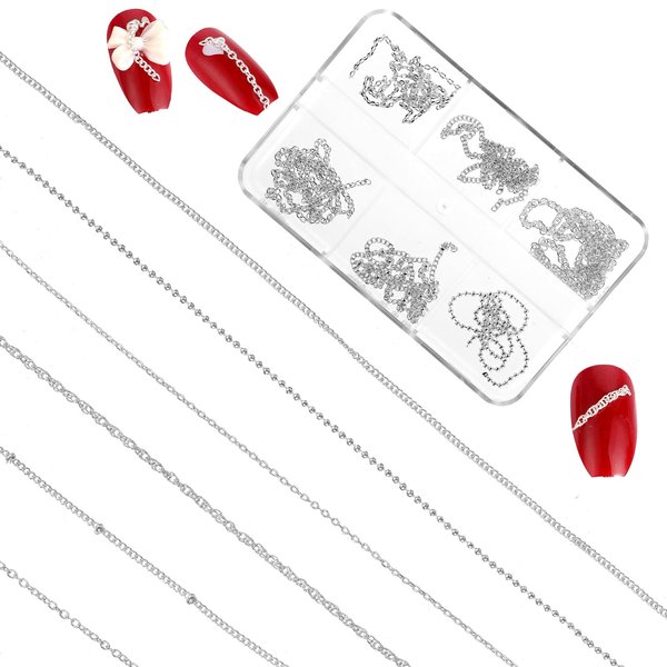 6 Strips Chain Nail Charms,Nail Chains 3D Nail Art Charms Silver Chain Accessories Supplies,Metal Punk Nail Caviar Beads for Nails,DIY Women Nail Art Decoration