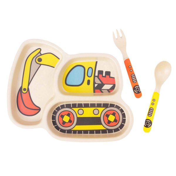 Kid Plate Set Bamboo Toddler Plates Dinnerware Dinner Dish Set Baby Feeding Spill Proof Divided Plate - Baby Spoon and fork 3-Piece Set for Kids and Toddlers Teaches Child Portion Control