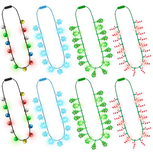 8PCS Christmas Accessories, 3 Modes Christmas Light Up Necklace, LED Christmas Kids Party Favors, 6 Bulbs Christmas Necklaces That Light Up Snowflake Xmas Tree Glow Necklaces for New Year Party