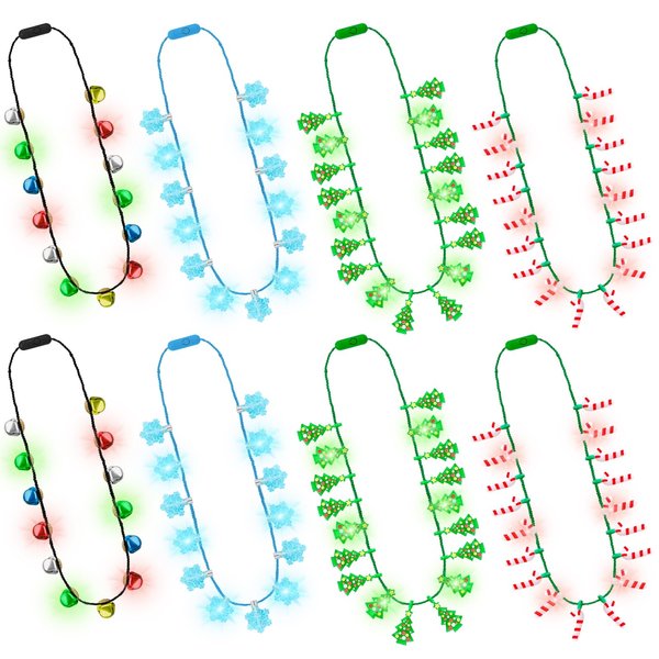8PCS Christmas Accessories, 3 Modes Christmas Light Up Necklace, LED Christmas Kids Party Favors, 6 Bulbs Christmas Necklaces That Light Up Snowflake Xmas Tree Glow Necklaces for New Year Party