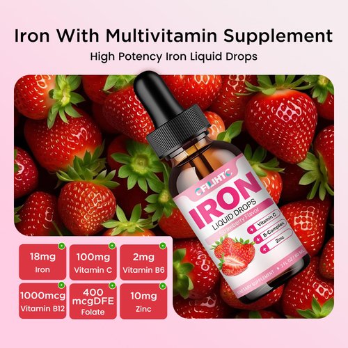 Liquid Iron Supplement for Women Men & Kids Multivitamin Iron Drops with Folate, Vitamin C, B6, B12, Zinc for Anemia, Iron Deficiency, Blood Builder, Energy - Natural Strawberry Flavor, Vegan 4 Fl Oz