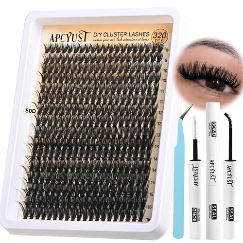 APCYUST Lash Clusters Kit Wispy Lash Extension Kit 320PCS Individual Eyelash Cluster 50D Eyelash Extensions Kit DIY Volume Lashes Natural False Mink Lash Clusters Kits with Lash Bond and Tweezers