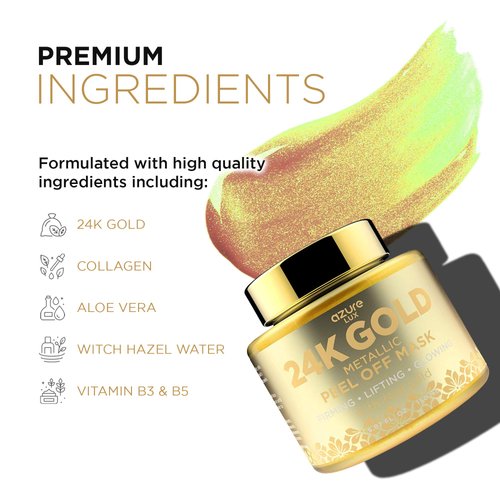 AZURE 24K Gold Metallic Sparkling Peel Off Face Mask - Lifting, Illuminating & Revitalizing | Removes Blackheads, Dirt & Oils | Reduces Wrinkles & Fine Lines | - 150 mL / 5.07 Fl Oz