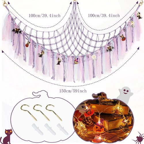YELIENM Stuffed Animals Net or Hammock with Halloween String Lights, 59 inch Toy Hammock Halloween Gifts for Kids Hanging Stuffed Animal Storage Halloween Room Decor Halloween Lights Indoor