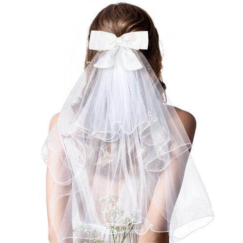 Isslly White Bridal Bow Hair Clip, Wedding Veil Headpiece, Lace Veil for Women Wedding, Bachelorette Parties, Bridal Shower for Brides, Flower Girls