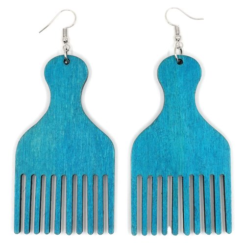 Teri's Boutique Afro Pick Hair Comb Black African American Multicolored Wood Women Fashion Dangle Earrings (Blue)
