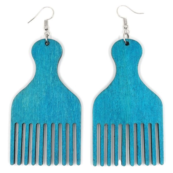 Teri's Boutique Afro Pick Hair Comb Black African American Multicolored Wood Women Fashion Dangle Earrings (Blue)