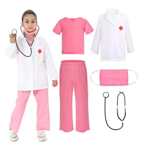 Lingway Toys Kids Doctor Costume Doctor White Lab Coat with Pink Scrubs,stethoscope for Boys,Girls 6-8years