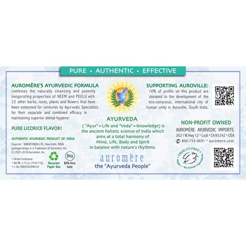 Auromere Ayurvedic Herbal Toothpaste, Mint Free - Vegan, Natural, Non GMO, Fluoride Free, Gluten Free, with Neem & Peelu (4.16 oz), 2 Pack