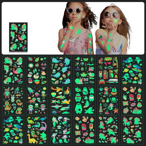 297PCS Animals Temporary Tattoos for Kids Glow in The Dark Unicorn Tattoos Sticker Luminous Waterproof Dino Temporary Tattoos for kids Christmas Party Supplies (16 Sheets Glow Style)