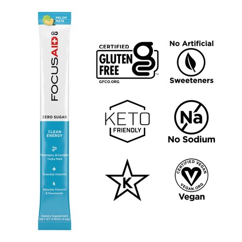 FOCUSAID GO Nootropics Energy Blend, Zero Sugar, Alpha-GPC, GABA, B-Complex, Yerba Mate, Green Tea, Keto Friendly, 100mg Caffeine, 30 Count (Pack of 1)