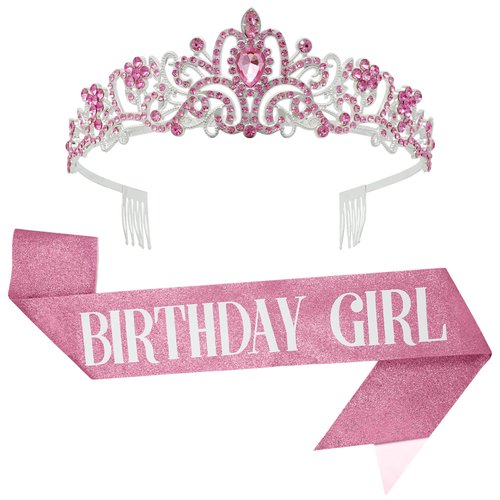 KatchOn Pink Birthday Sash and Tiara Set - Silver Rhinestone Glitter Crystal Tiara, Birthday Crown and Sash for Women, Hair Accessory
