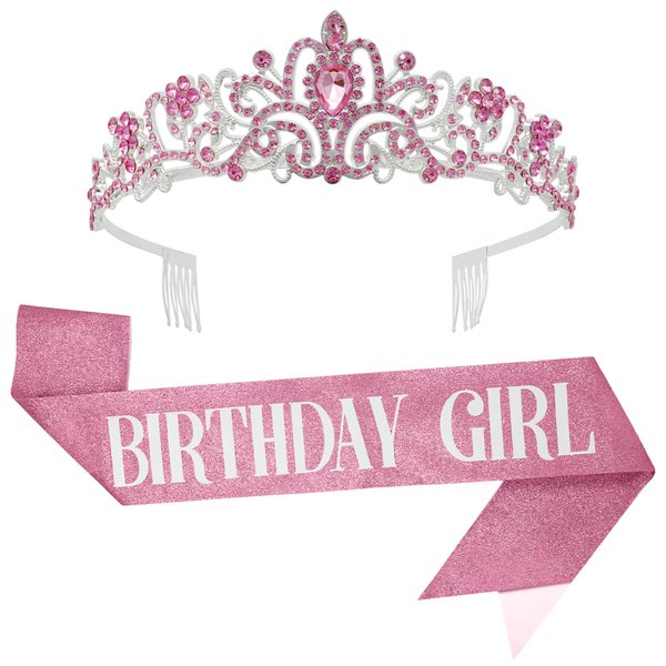KatchOn Pink Birthday Sash and Tiara Set - Silver Rhinestone Glitter Crystal Tiara, Birthday Crown and Sash for Women, Hair Accessory