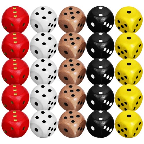 NUOBESTY 25pcs 16mm Game Dice Set, 6 Sided Dice 5 Colors Rounded Corner Dot Dice Wooden Standard Game Dice for Classroom Math Teaching Board Games