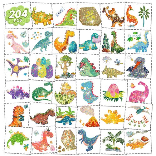EMOME 204 PCS Dinosaur Glitter Tattoos, Kids FakeTattoos Temporary Stickers for Boys Pre-cut, Dinosaur Birthday Party Supplies Favors Games Decorations
