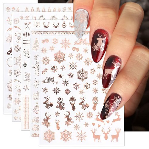 IDDFEVE Christmas Nail Stickers, Rose Gold Self-Adhesive Nail Art Decals - 3D Snowflake Elk Design for DIY Manicure Winter Xmas Holiday DIY Nail Decorations (6 Sheets)