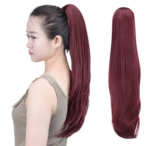 SYXLCYGG burgundy extension ponytail Yaki Straight Claw Clip Ponytails 22&quot; 5.5 OZ Synthetic Fake ...