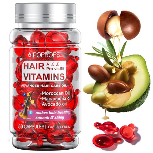 POEROES Hair Vitamins A C E Pro B5 50 Capsules- Hair Serum for Frizzy and Damaged Hair - Hair Oil with Argan & Avocado Oil - Leave in Conditioner for Women & Men