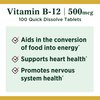 Nature's Bounty Vitamin B12, Supports Energy Metabolism and Nervous System Health, 500mcg, 100 Quick Dissolve Tablets