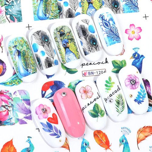 CHANGAR Peacock Feather Nail Stickers, 12 Sheets Water Transfer Decals, Colorful Flower Leaf Pattern, DIY Nail Decorations for Women, Girls, Children