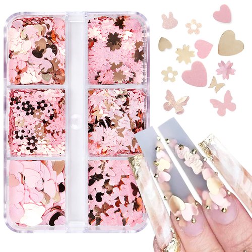 6 Grids 3D Heart Nail Glitter Sequins Holographic Heart Nail Decals Rose Gold Pink Heart Butterfly Flowers Design Valentine's Day Nail Glitter Flakes Heart Glitter for Acrylic Nails Art Decoration