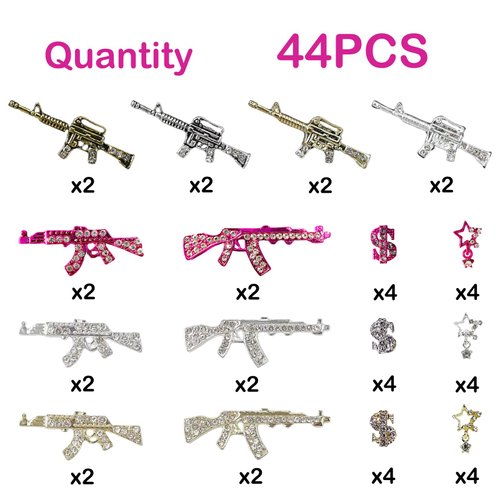 Gehaiwo 44PCS Gun Nail Charms Nail Art Rhinestone,Gold Silver Pink Alloy Gun Dollar Sign Star Nail Decoration for Acrylic Nails, Nail Jewels Accessories for Nail Art Supplies DIY Nail Craft