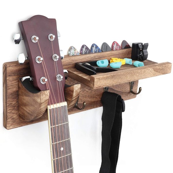 Bikoney Wall Mount Guitar Hanger Shelf with Pick Holder and 3 Hooks - Carbonized Black Guitar Holder for Acoustic, Electric, Bass, Ukulele [U.S. Patent]