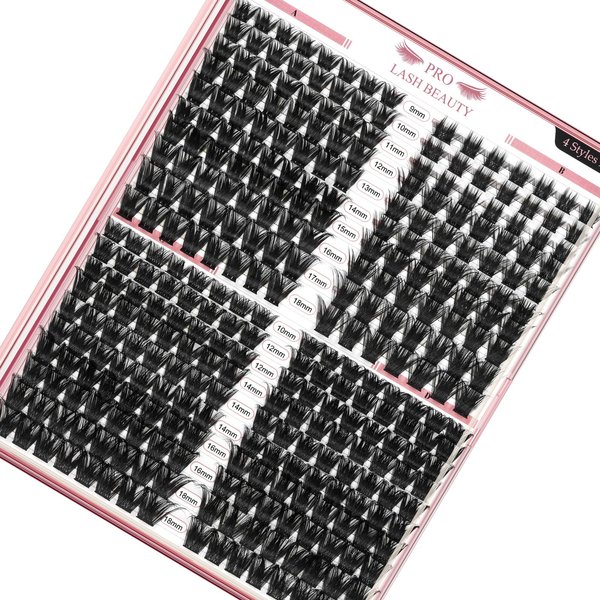 PRO 320 Pcs Cluster Lashes Lash 4 Styles Clusters DIY Eyelash Extension Individual Lashes Thin Band Easy to Apply at home Lashes(4 Styles,10-18mix)
