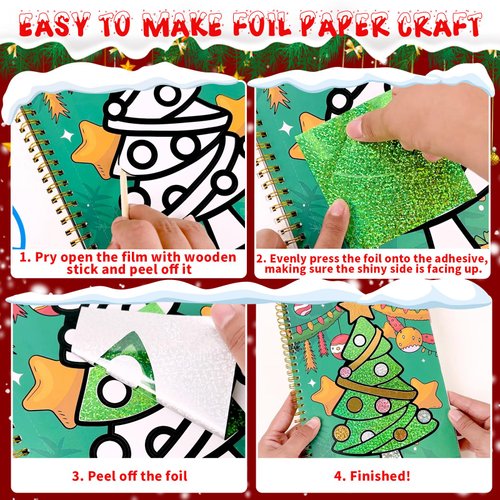 JULEASEL Christmas Foil Paper Arts and Crafts Kits, DIY Xmas Arts and Crafts for Kids, No Mess Foil and Coloring Books, Creative Christmas Gifts for Boys Girls Ages 4+, Kids Travel Essentials Toy